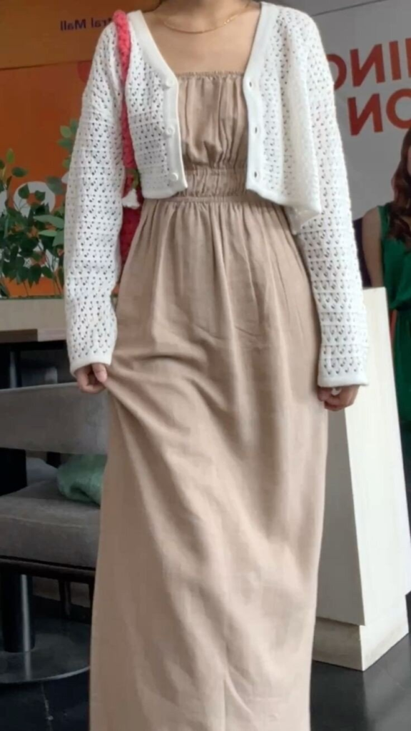 Cream Dress with Textured White Cardigan