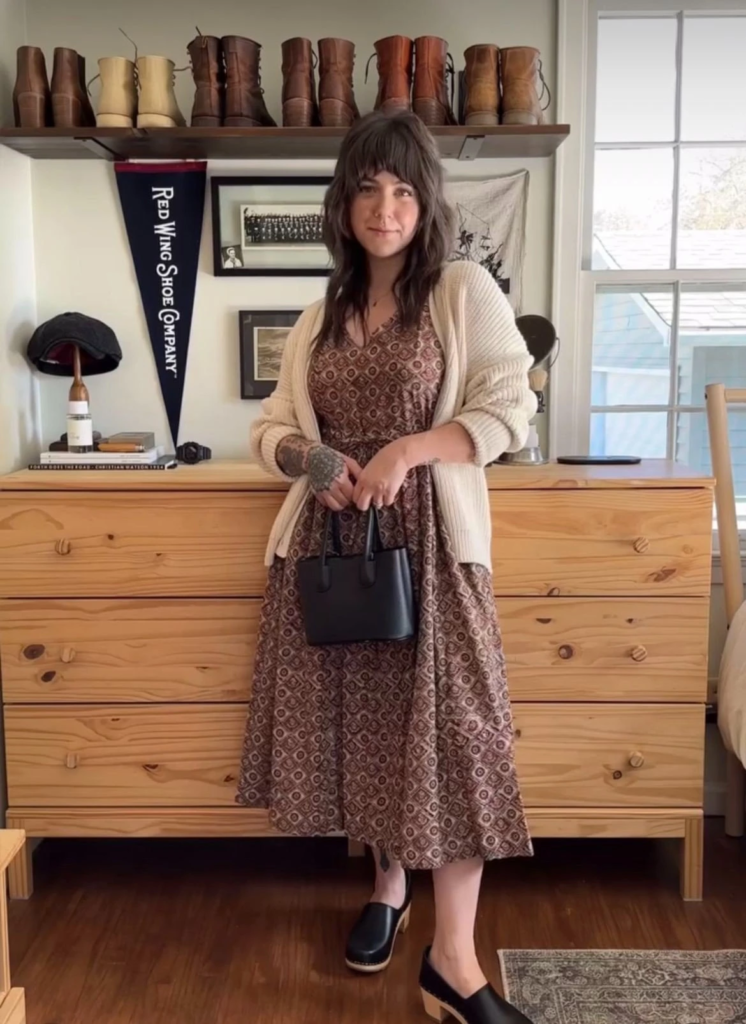 Vintage Print Dress with Cream Cardigan