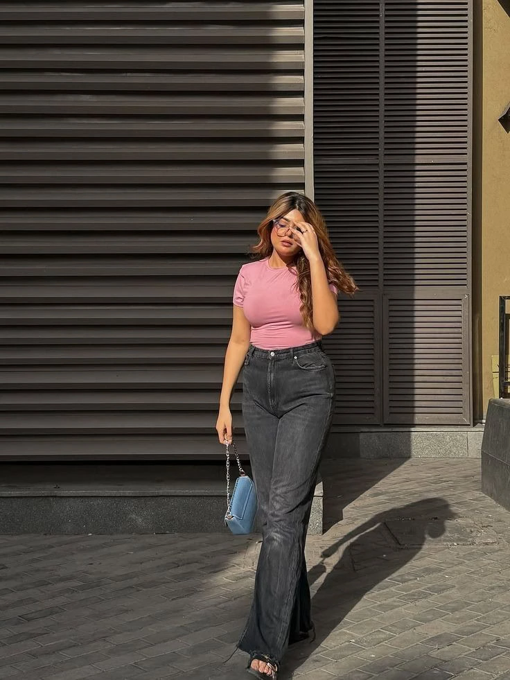 Pink Fitted Tee and Flared Denim