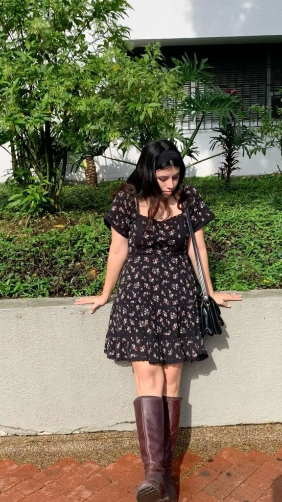 Floral Dress with Knee-High Boots