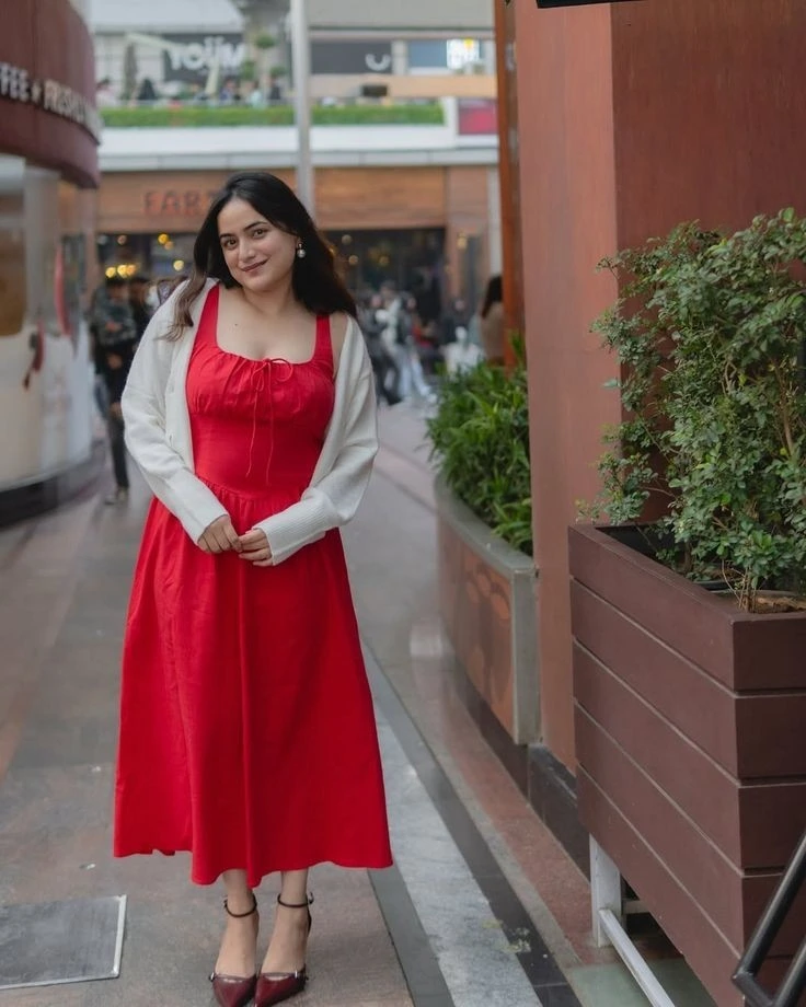 Red Midi Dress with Cream Cardigan Layering