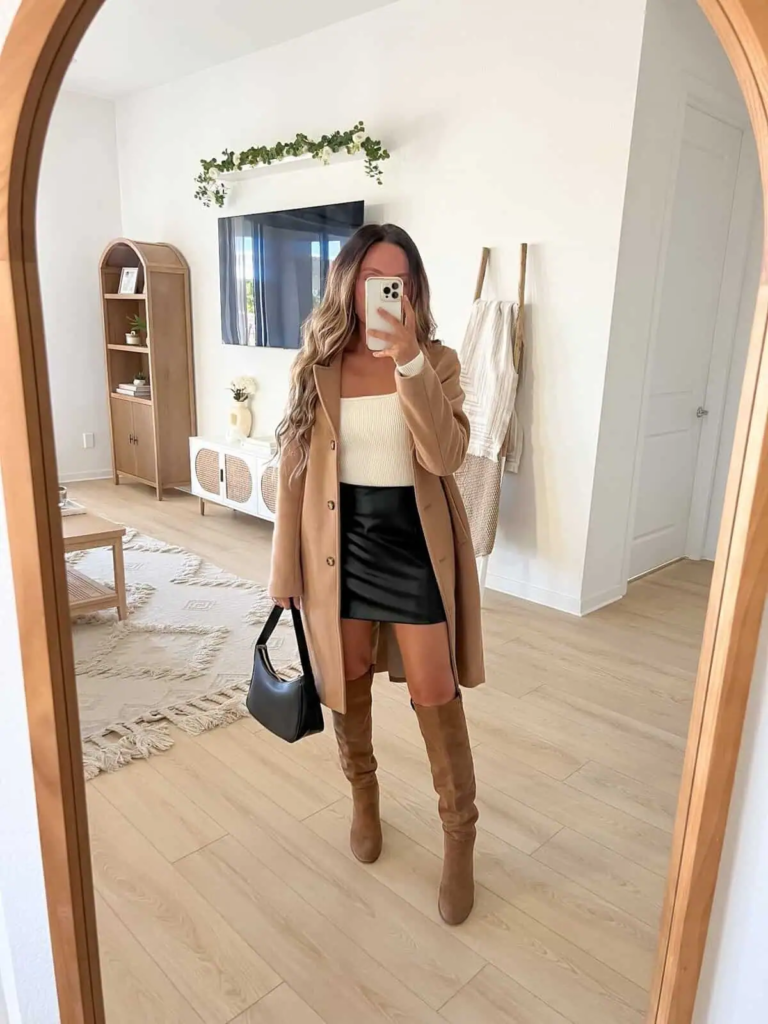 Camel Coat and Knee-High Boots