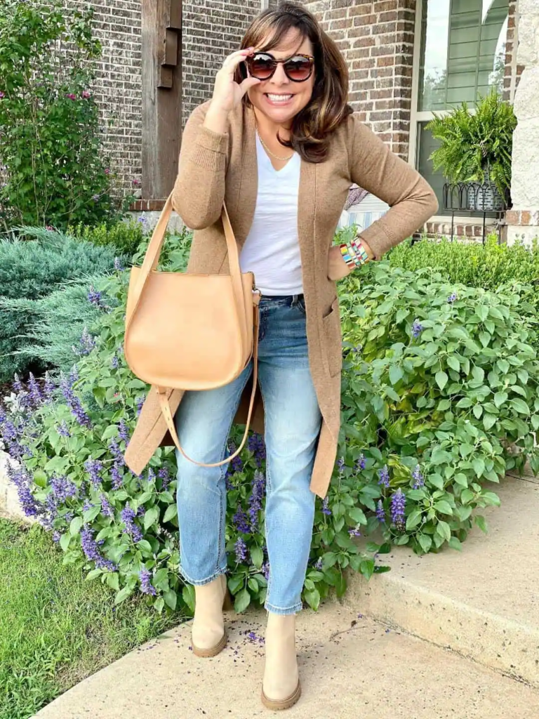 Camel Cardigan and Denim Ensemble