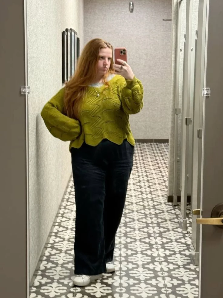 Chartreuse Sweater with Black Trousers