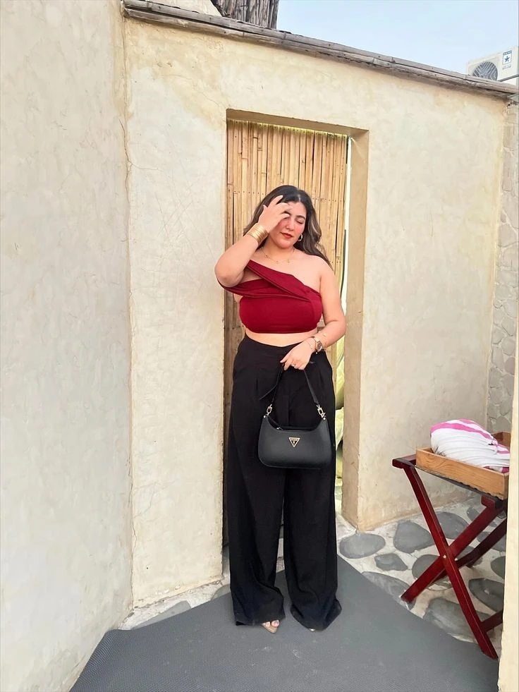 Burgundy Crop Top with Wide-Leg Trousers