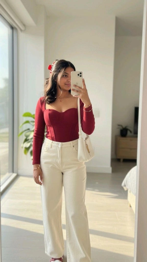 Burgundy Bustier with Cream Wide-Leg Jeans