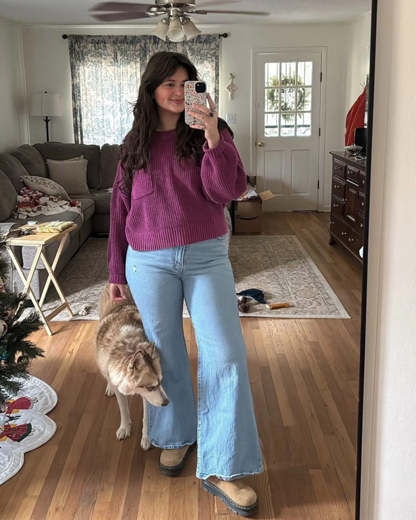 Ribbed Sweater with Flared Jeans