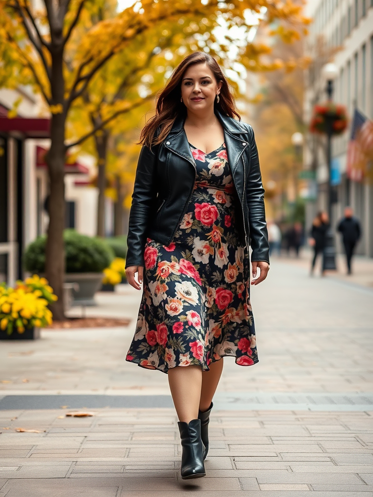Flowy Midi Dress with Leather Jacket