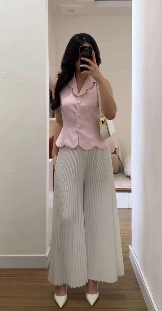 Pastel Vest with Pleated Midi Skirt