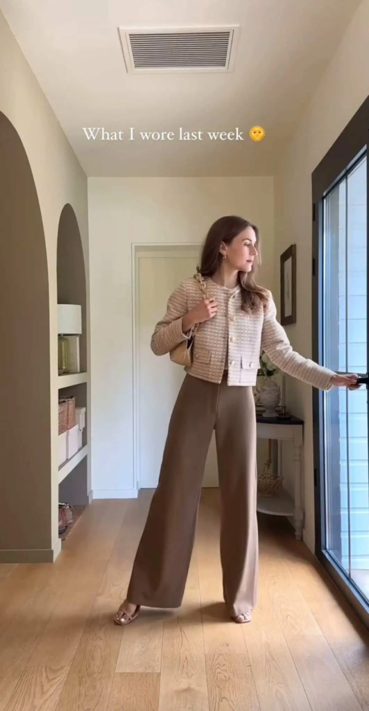 Neutral Quilted Jacket and Wide-Leg Trousers
