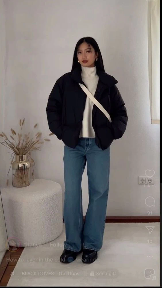 Oversized Black Blazer with Cream Turtleneck