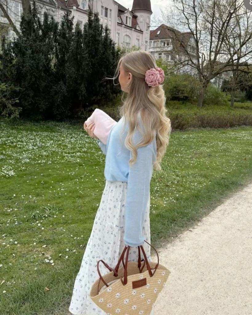 Soft Blue Sweater with Romantic Floral Skirt
