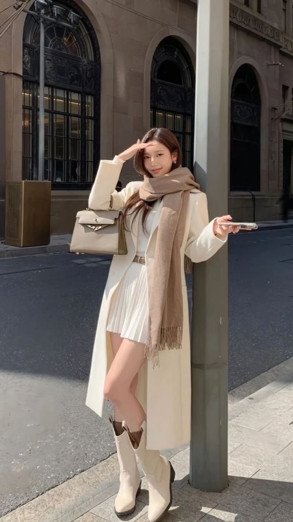 Cream Coat with Pleated Dress Elegance
