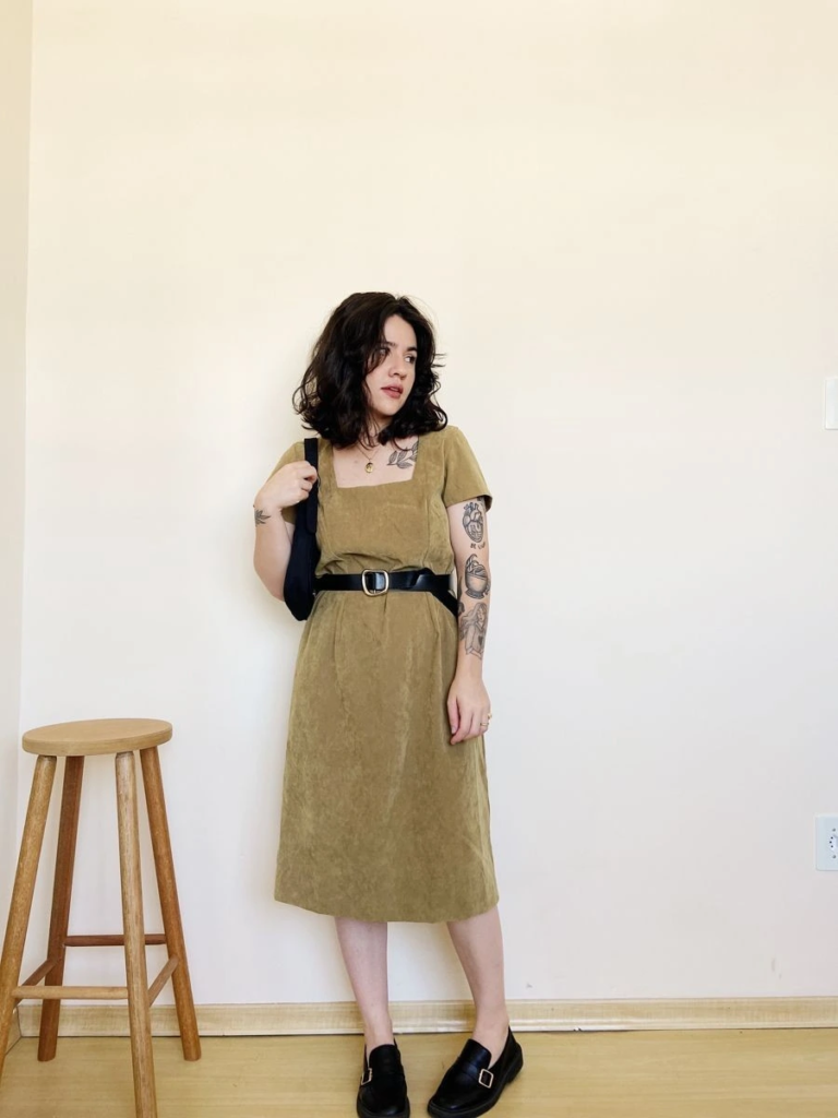 Belted Dress with Black Leather Jacket