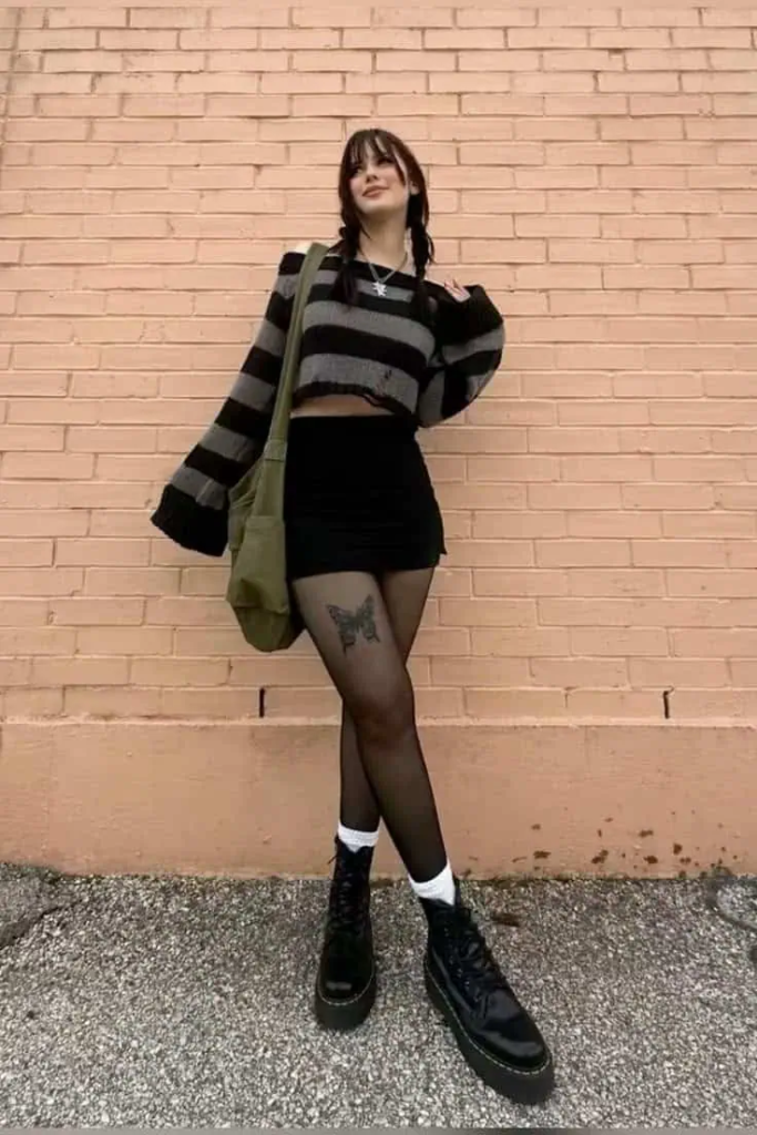 Striped Crop Top With Black Mini Skirt