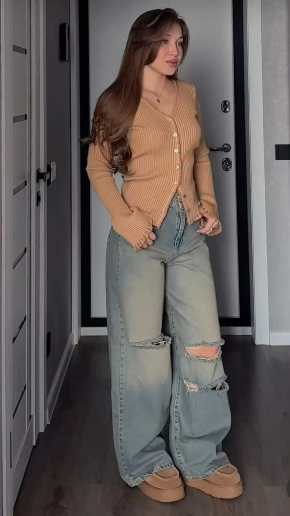 Ribbed Cardigan with Distressed Denim