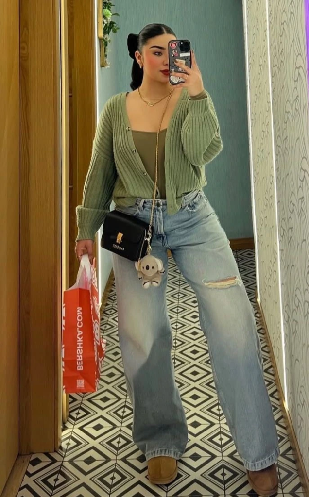 Sage Cardigan with Distressed Denim Effortlessly