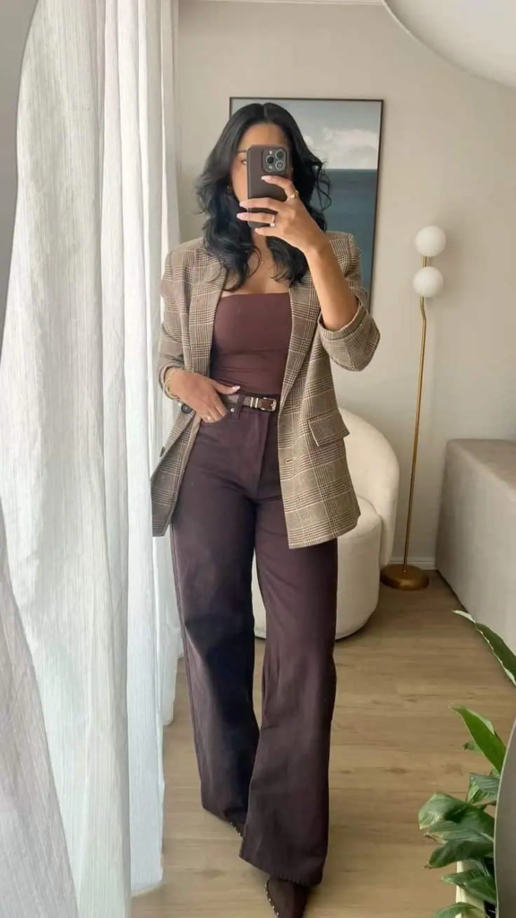 Plaid Blazer with Chocolate Monochrome Ensemble