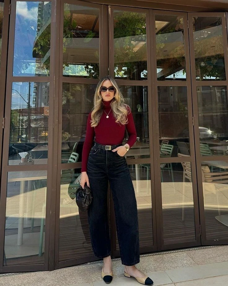 Burgundy Turtleneck with Dark Denim