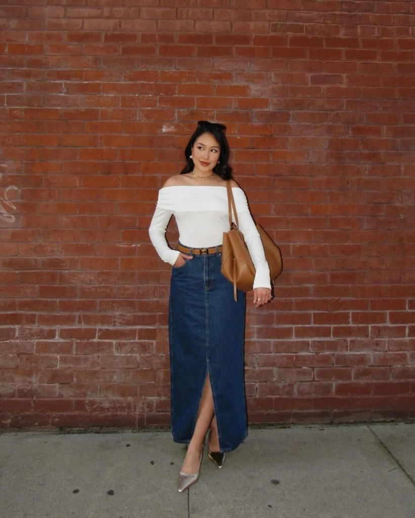 Classic Off-Shoulder with Denim Midi