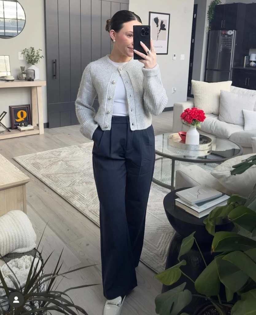 Cream Cardigan with Navy Wide-Leg Trousers