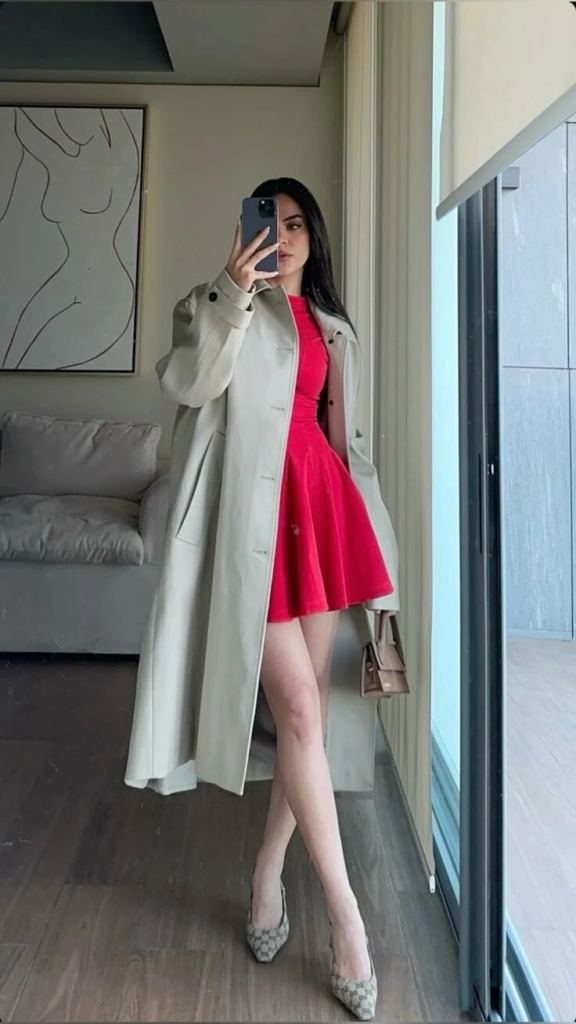 Elegant Red Dress with Cream Coat