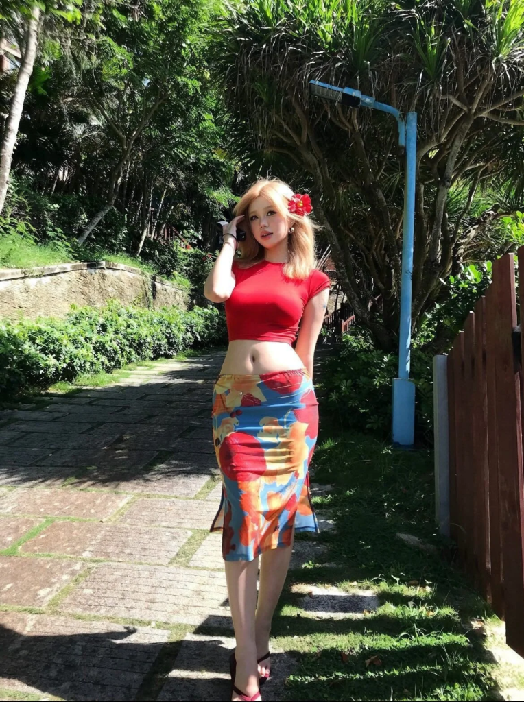 Bright Red Top with Colorful Midi Skirt