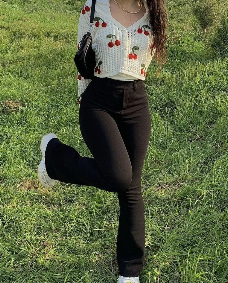 Playful Cherry Print with Black Denim