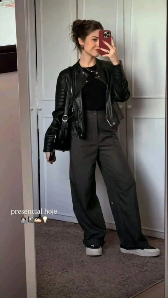 Black Leather Jacket and Wide-Leg Jeans