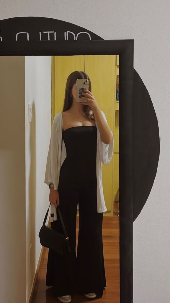 Strapless Black Jumpsuit with Cream Cardigan