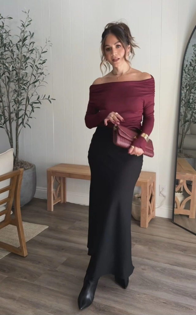 Burgundy Off-Shoulder with Black Maxi Skirt