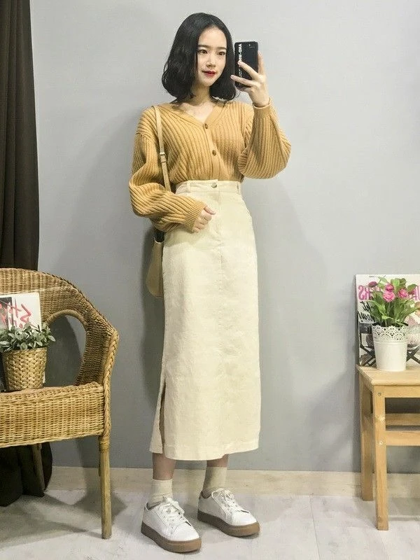 Cream Cardigan and Midi Skirt Elegance