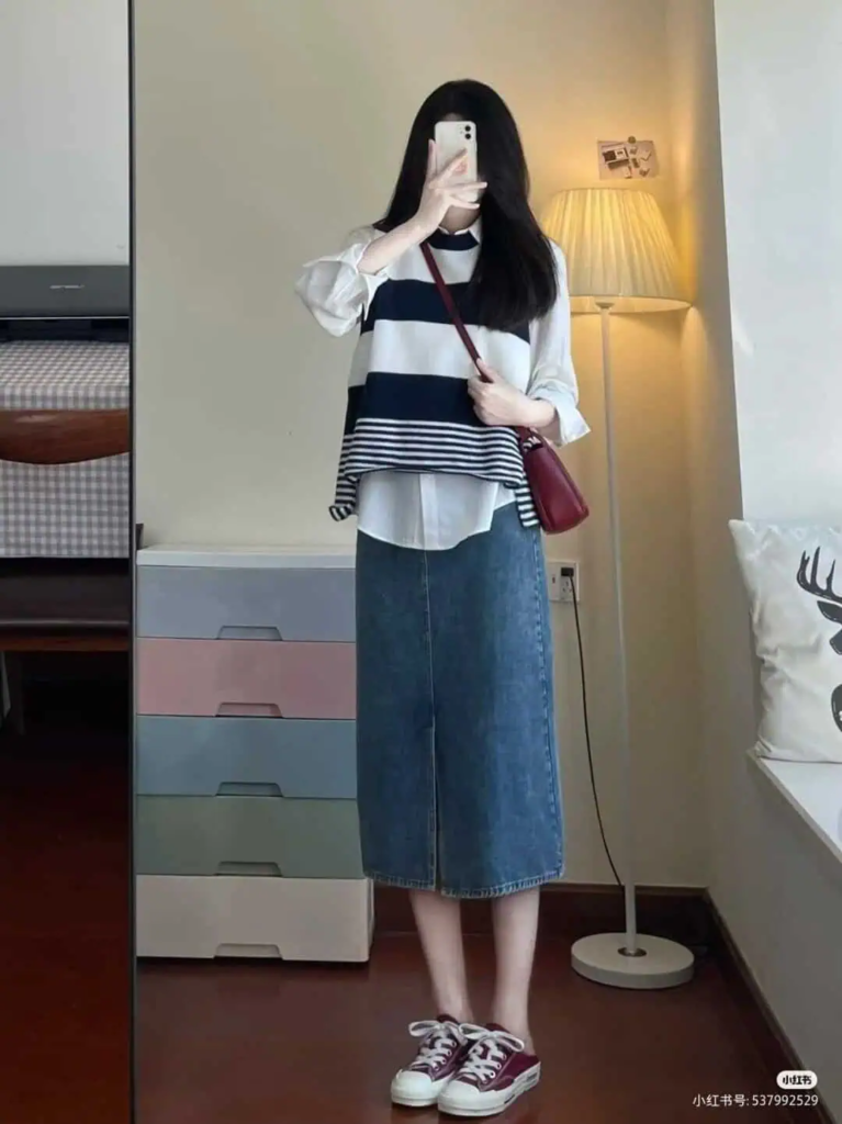 Classic Stripes With Denim Midi Skirt