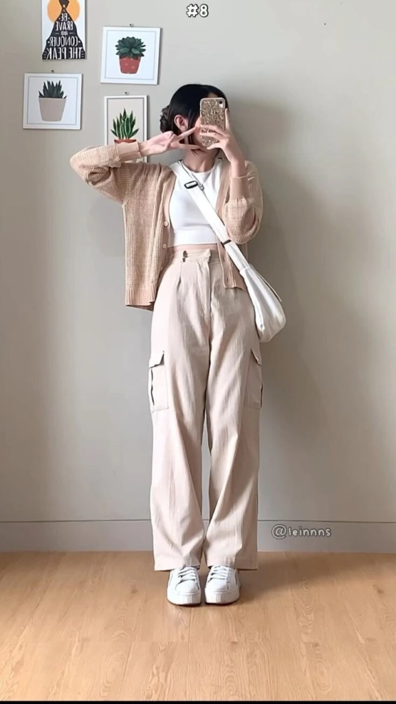 Neutral Cardigan with Cargo Pants Elegance