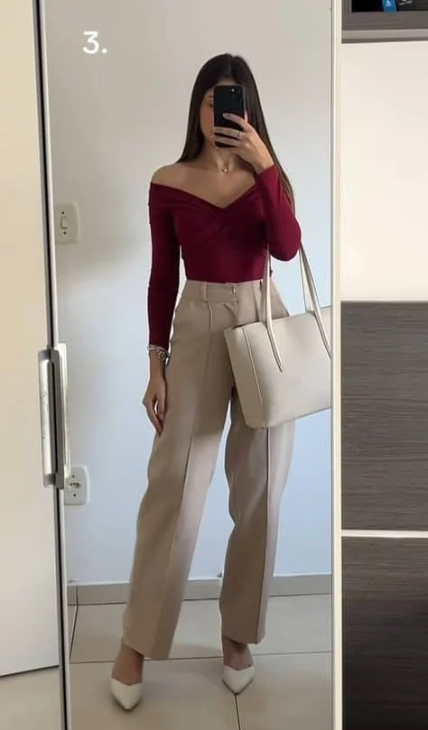 Burgundy Off-Shoulder and Cream Trousers