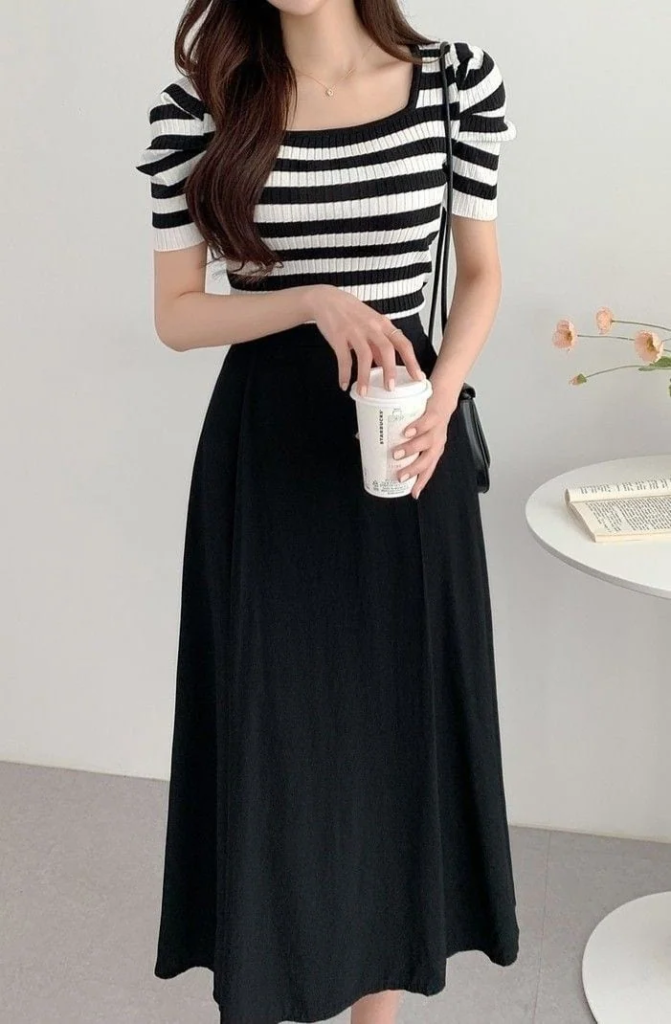 Striped Top and Black Midi Skirt