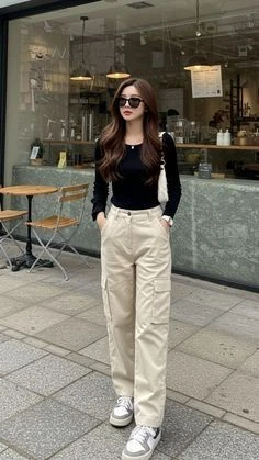 Classic Black Top with Cream Trousers