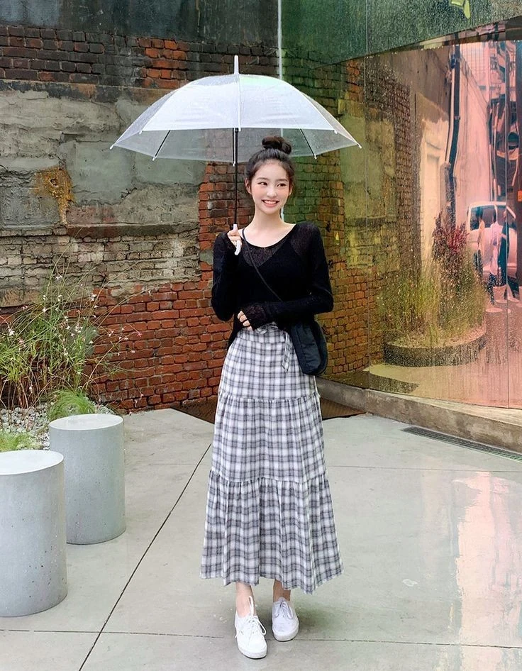 Plaid Midi Skirt with Velvet Top