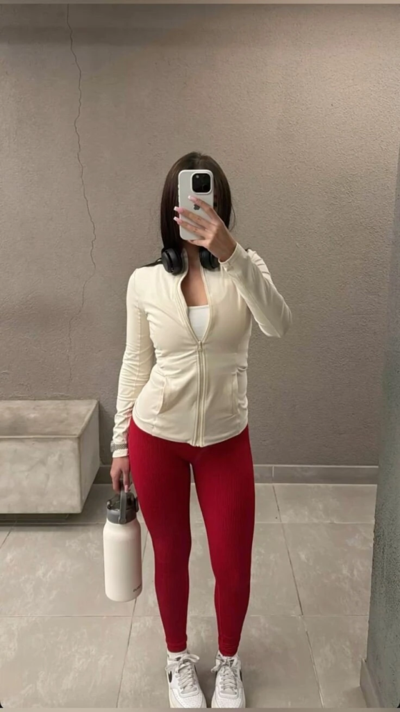 Cream Jacket with Bold Red Leggings