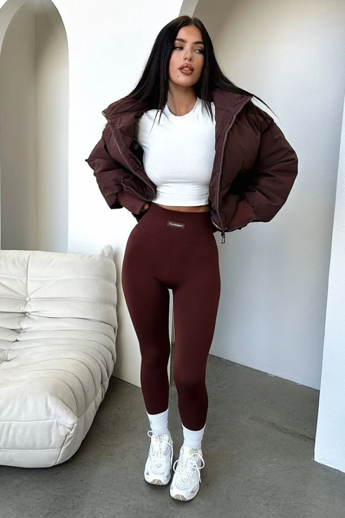 Burgundy Puffer Jacket with Cropped Tee