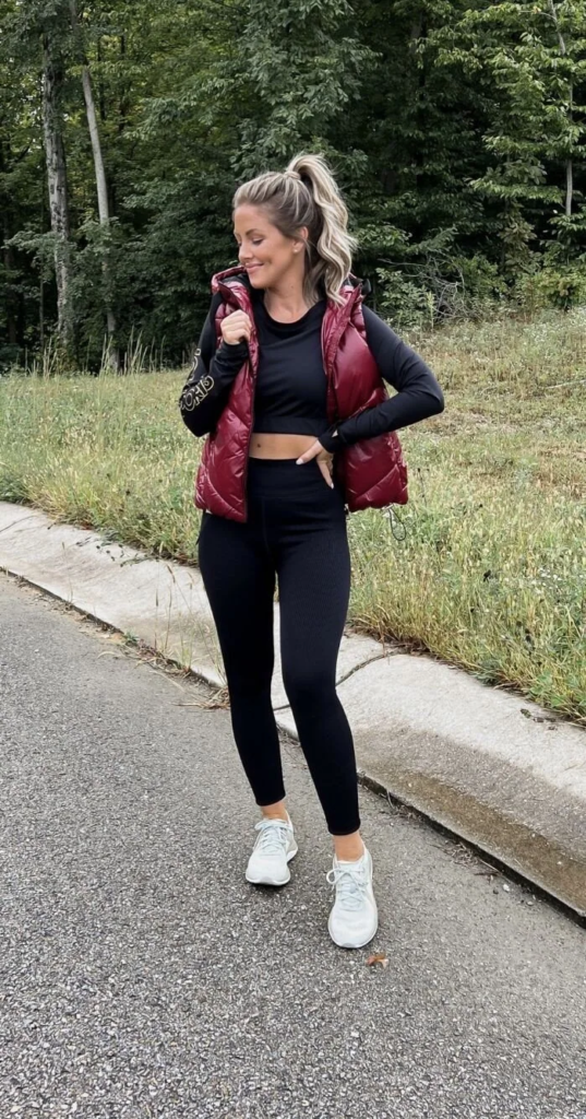 Burgundy Puffer Vest with Black Basics