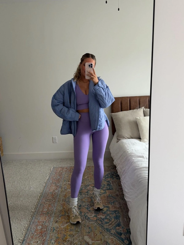 Quilted Puffer Jacket Over Vibrant Leggings