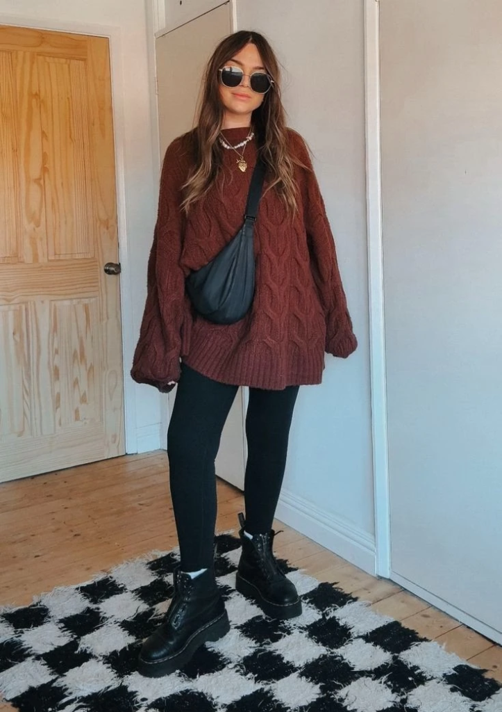 Burgundy Cable Knit with Combat Boots
