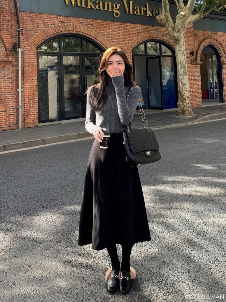 Charcoal Sweater with Elegant Black Midi