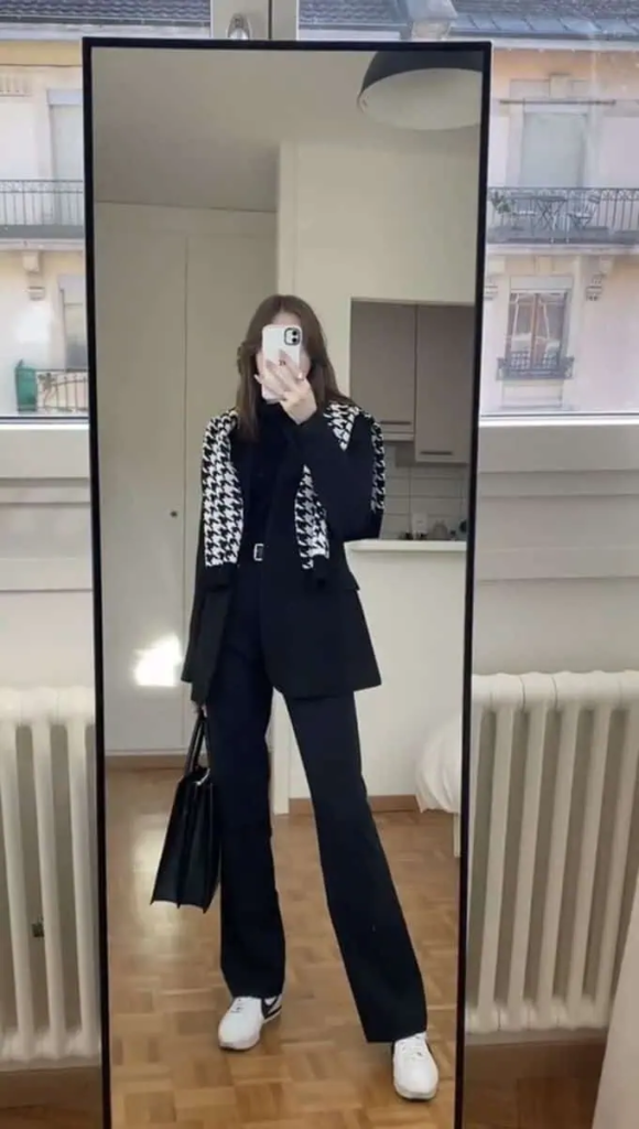 Classic Houndstooth Blazer with Black Trousers