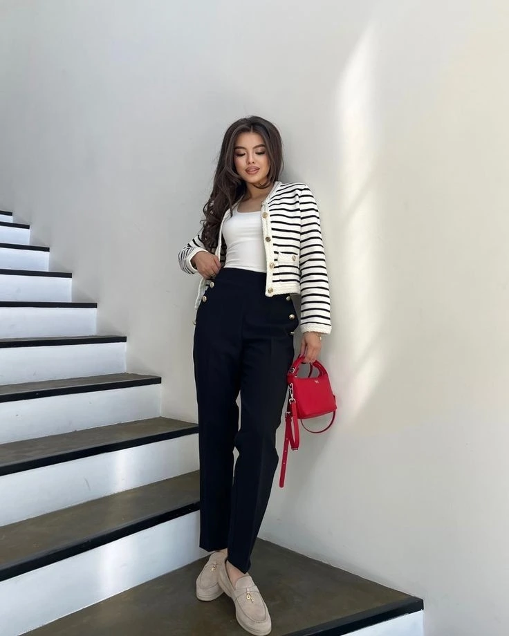Striped Blazer with Tailored Black Pants