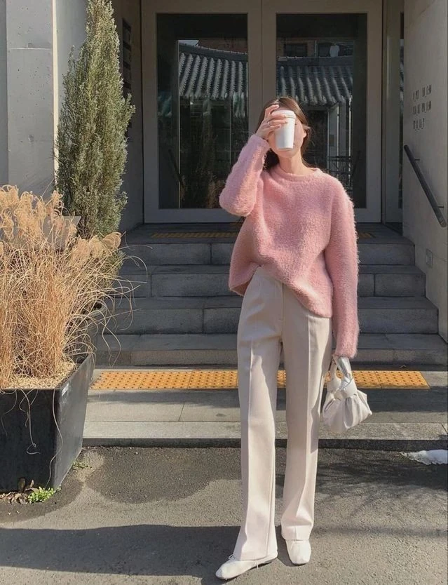 Soft Pink Knit with Cream Trousers