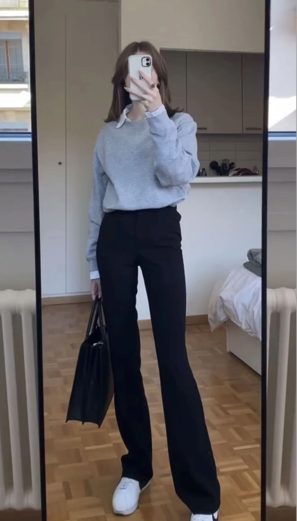 Soft Blue Sweater with Black Trousers