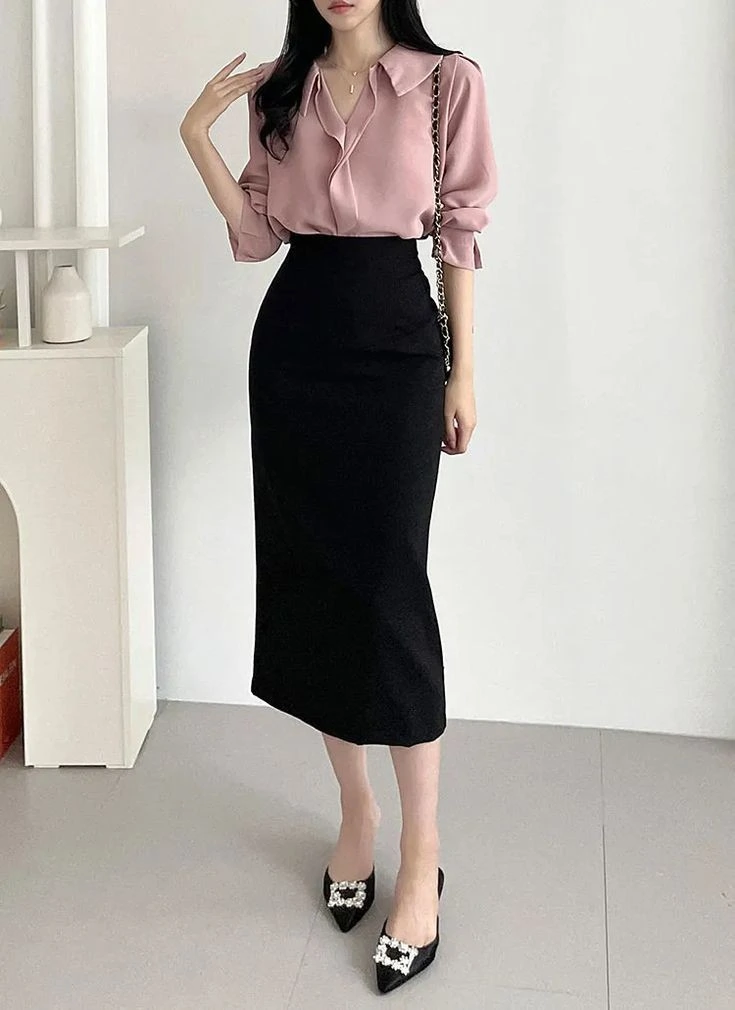 Soft Pink Blouse with Black Midi Skirt