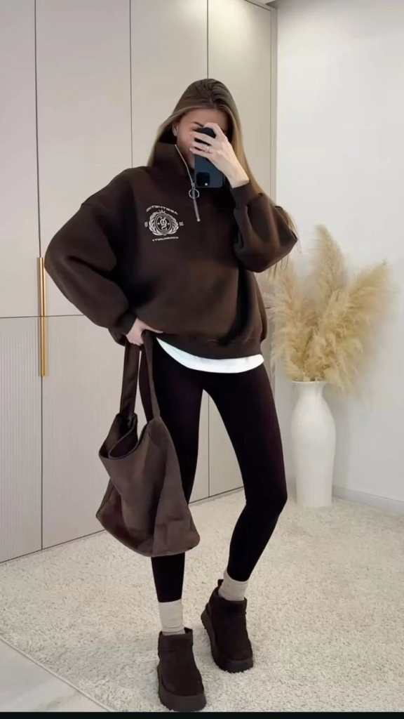 Brown Hoodie with Black Leggings